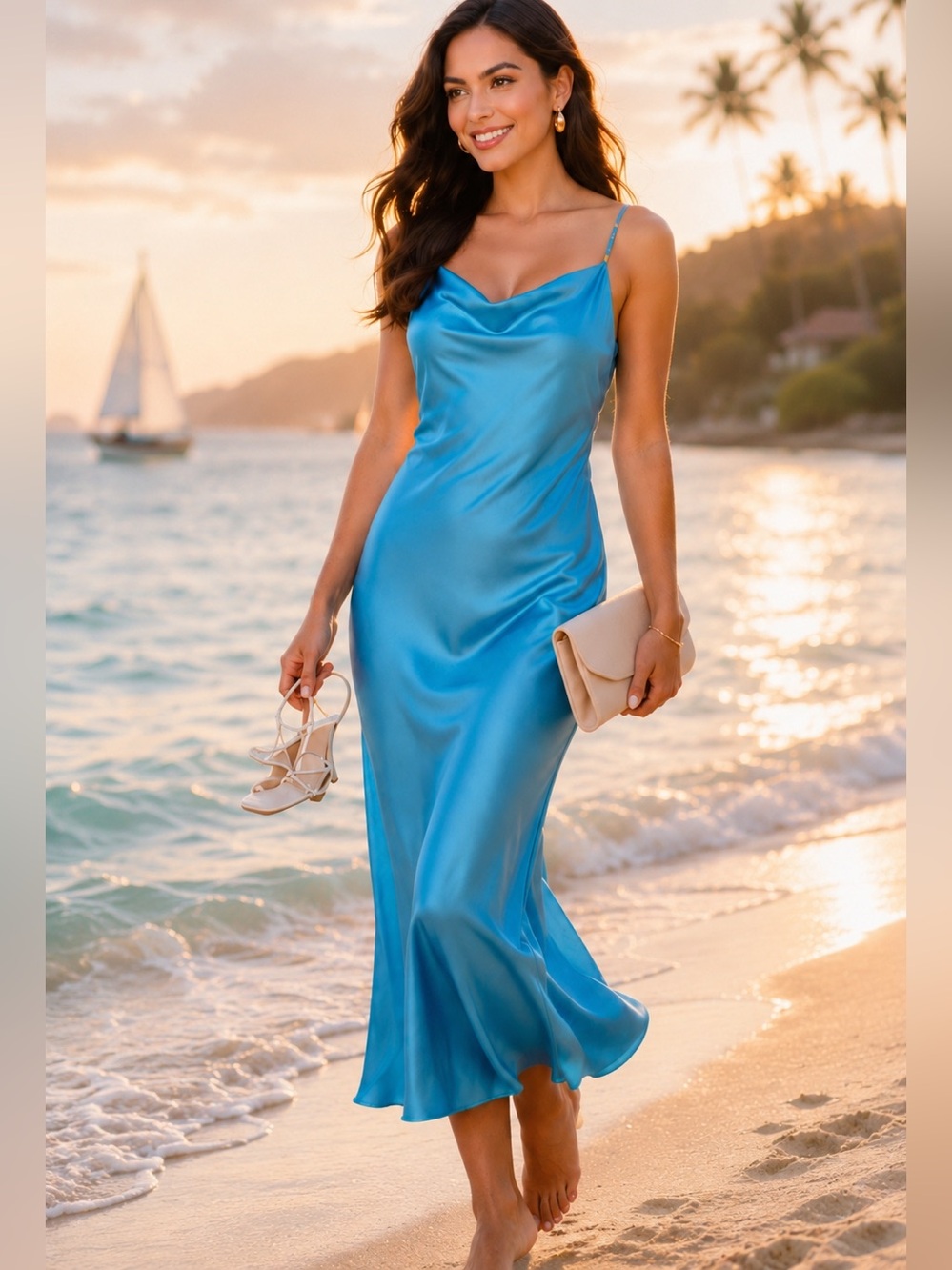 1D NWT The Drop Ocean Blue Satin Slip Midi Dress Cowl Neck Minimalist Chic SZ L